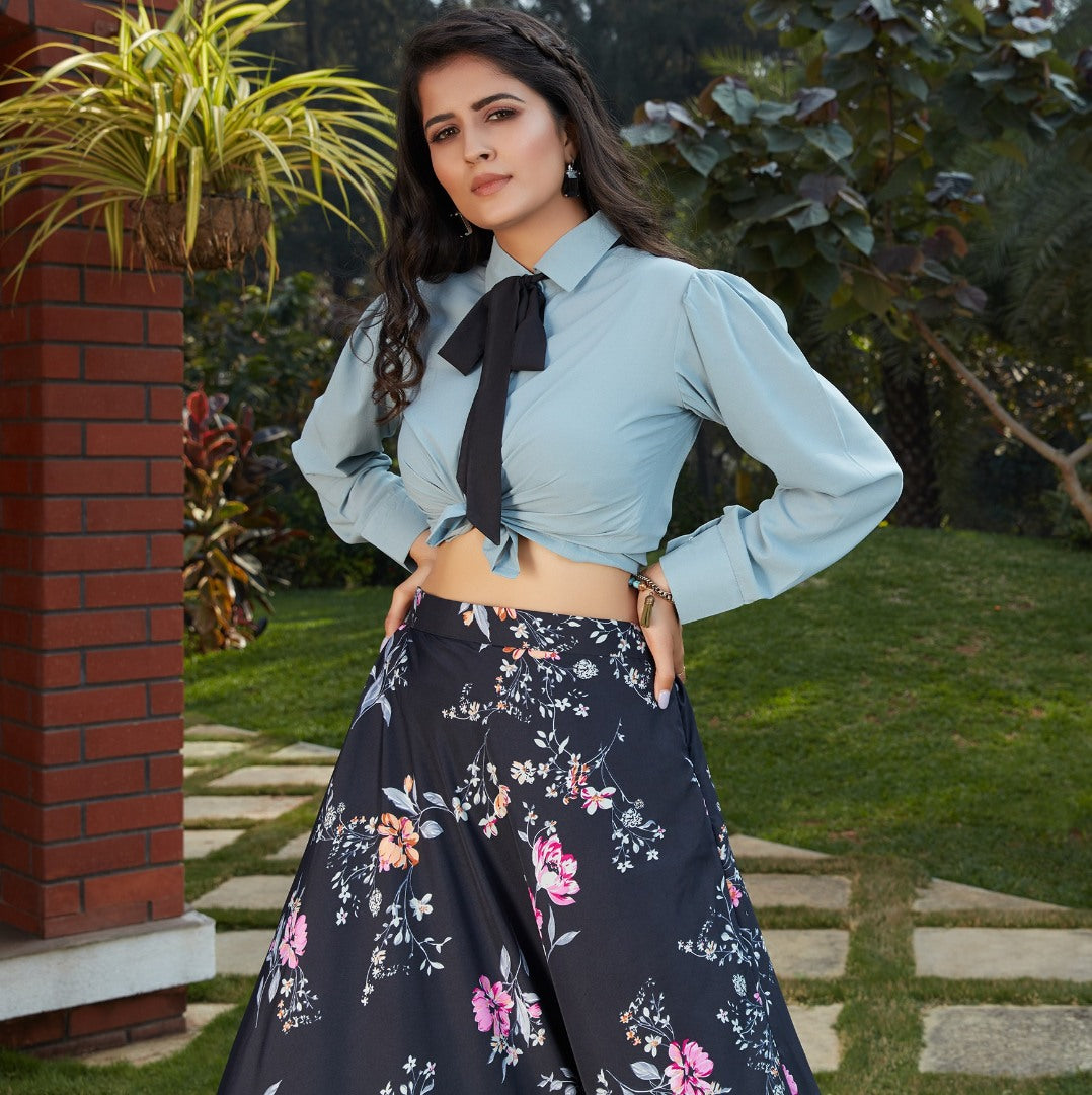 Black crepe silk flower printed party wear crop top lehenga