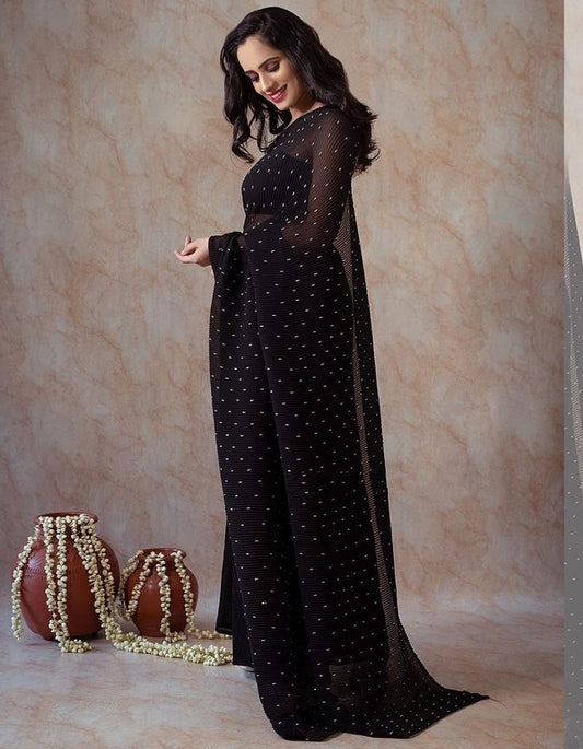Black crushed georgette khatli handwork designer party wear saree