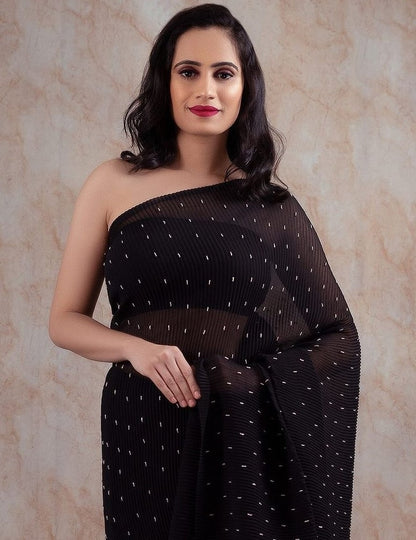 Black crushed georgette khatli handwork designer party wear saree