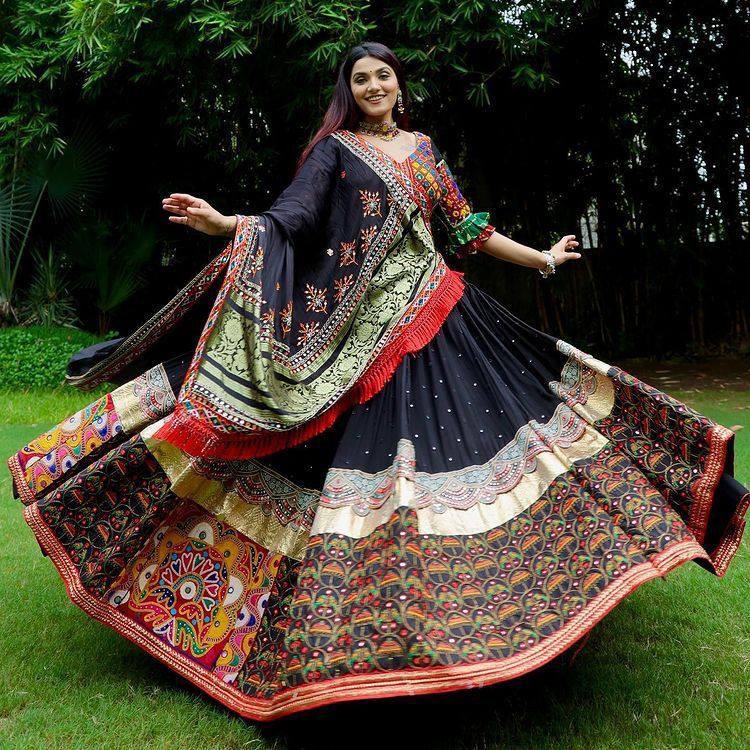 Black digital print and mirror work navratri gujarati garba lehenga choli