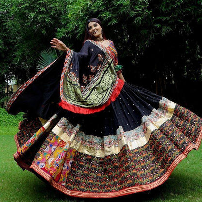 Black digital print and mirror work navratri gujarati garba lehenga choli