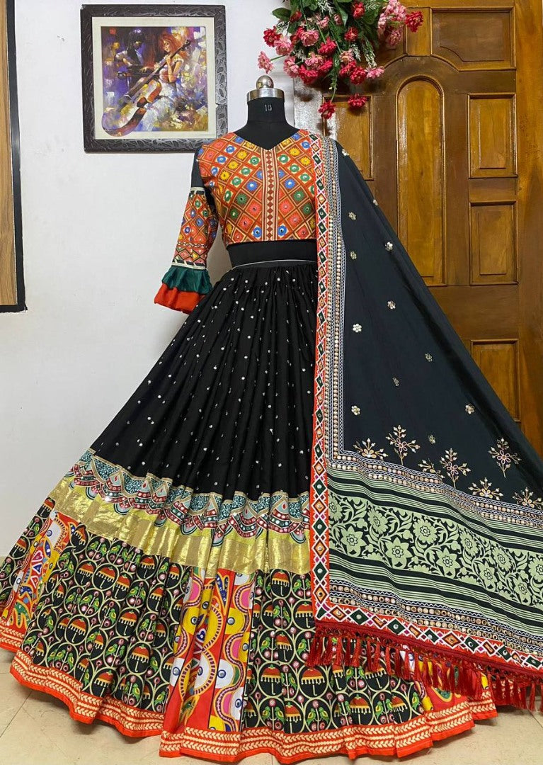 Black digital print and mirror work navratri gujarati garba lehenga choli