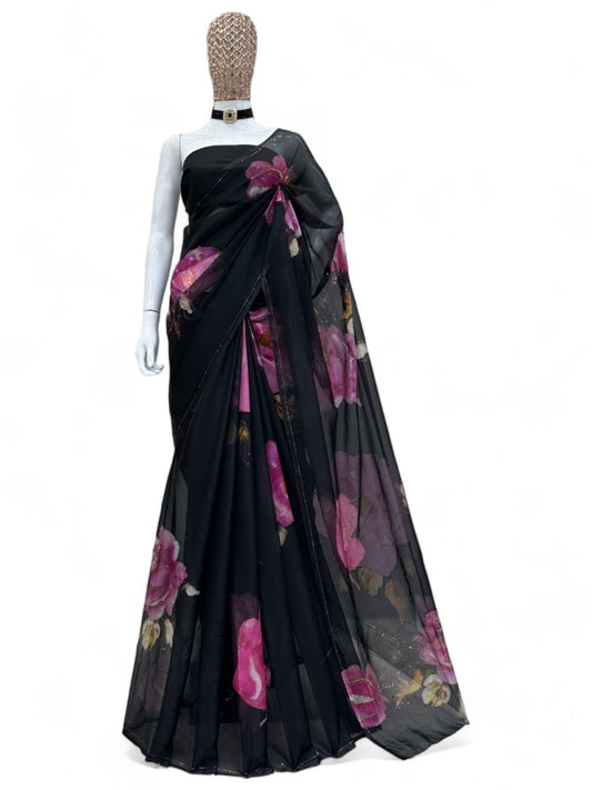Black floral print party wear organza saree