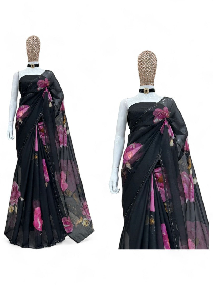 Black floral print party wear organza saree