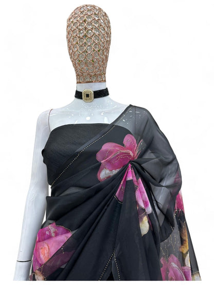 Black floral print party wear organza saree