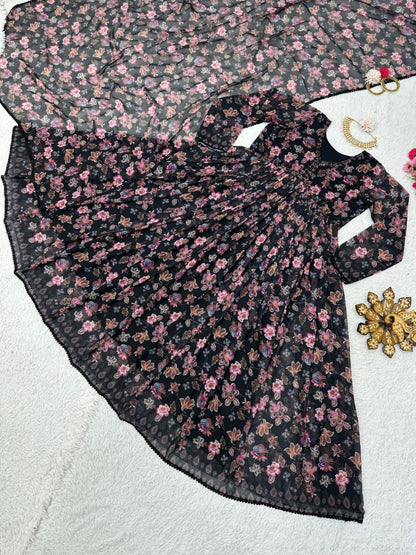 Black floral printed handwork alia cut suit