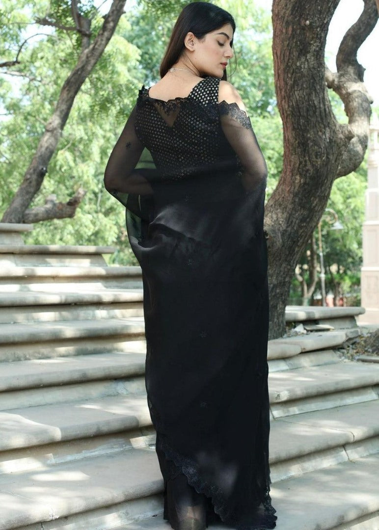 Black georgette embroidered ceremonial saree