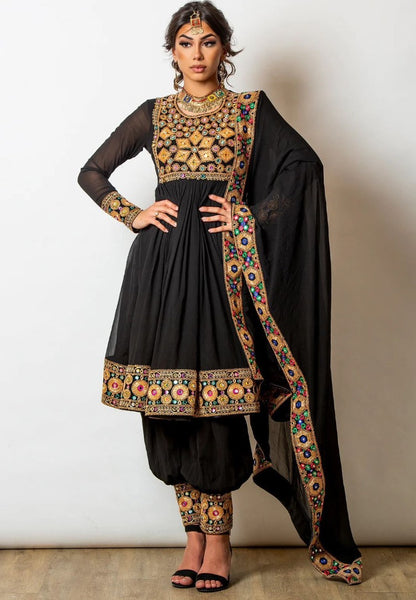 Black georgette embroidery and mirror work designer dhoti style suit