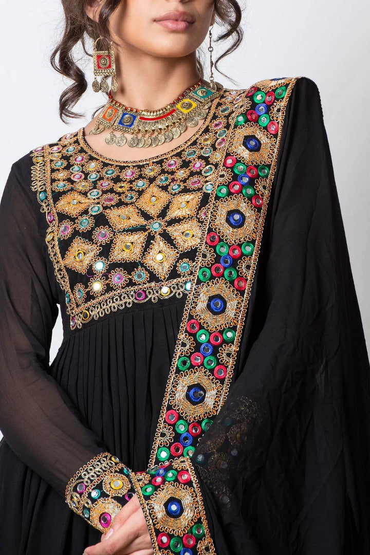 Black georgette embroidery and mirror work designer dhoti style suit