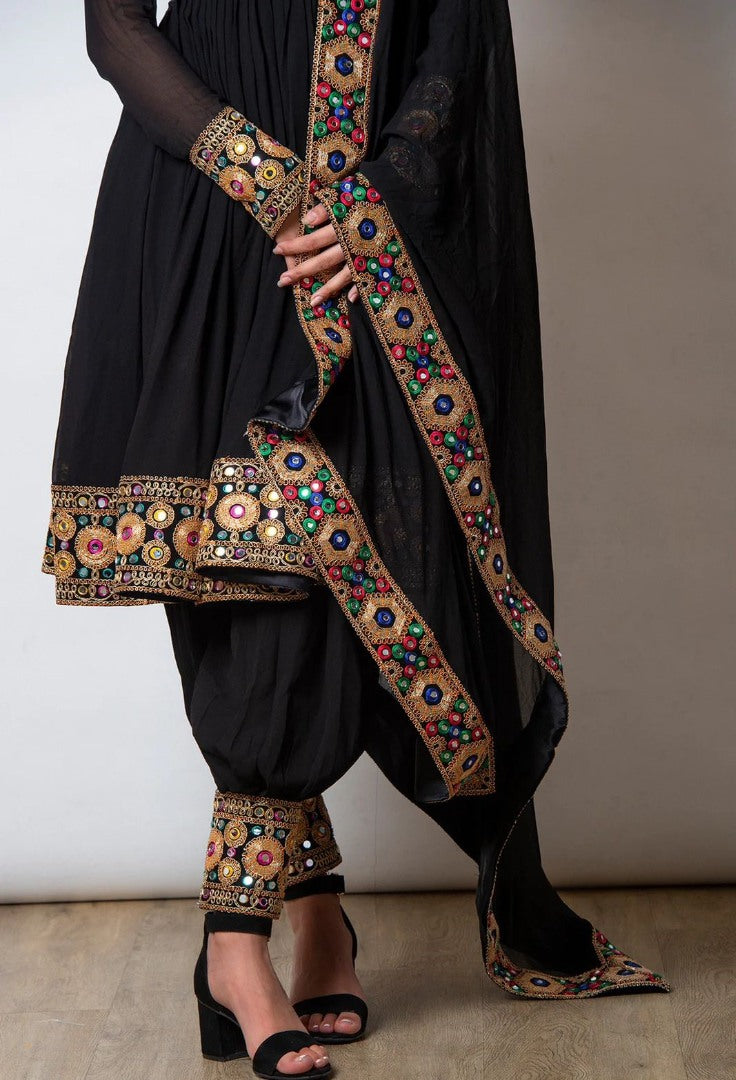 Black georgette embroidery and mirror work designer dhoti style suit