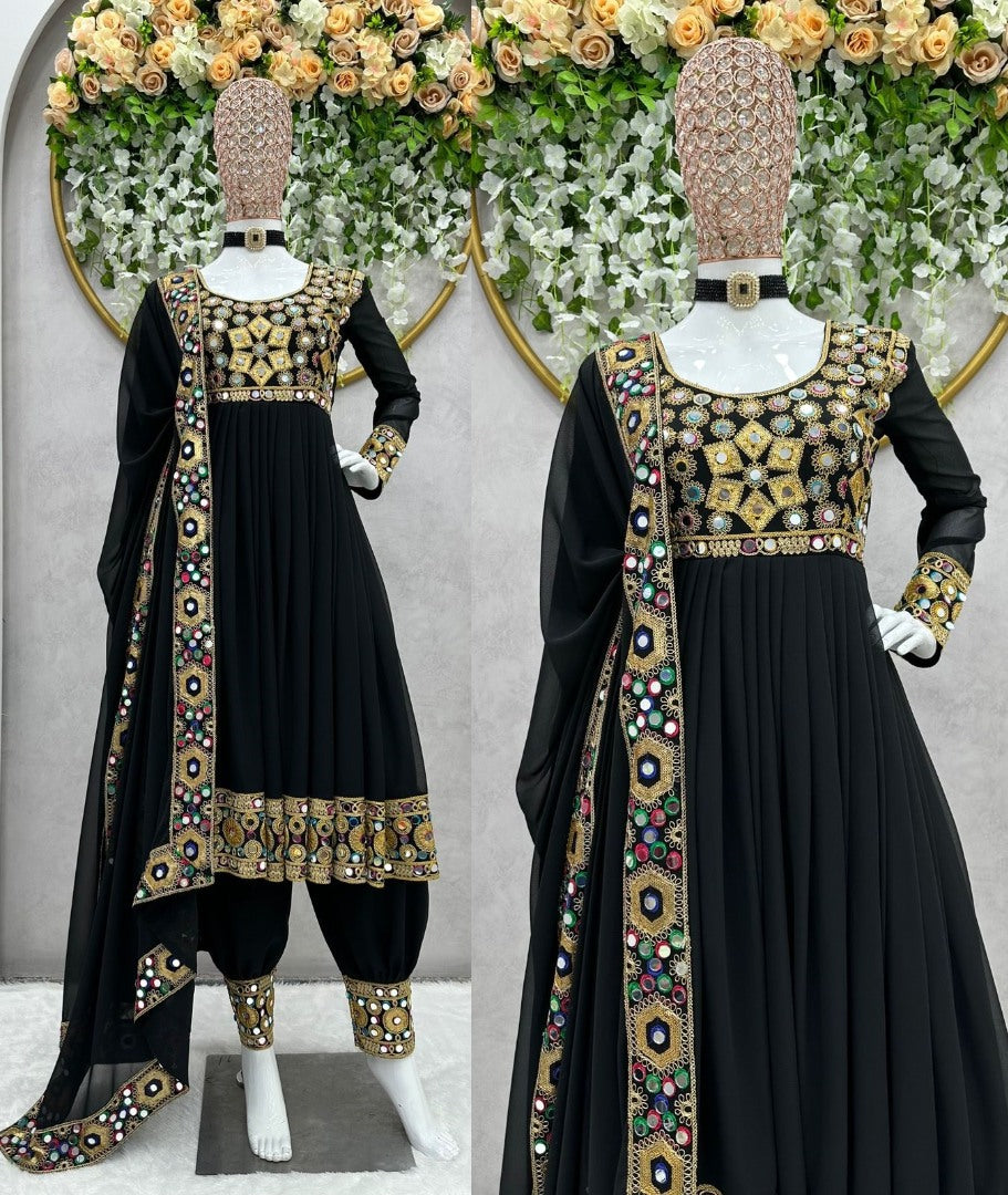 Black georgette embroidery and mirror work designer dhoti style suit