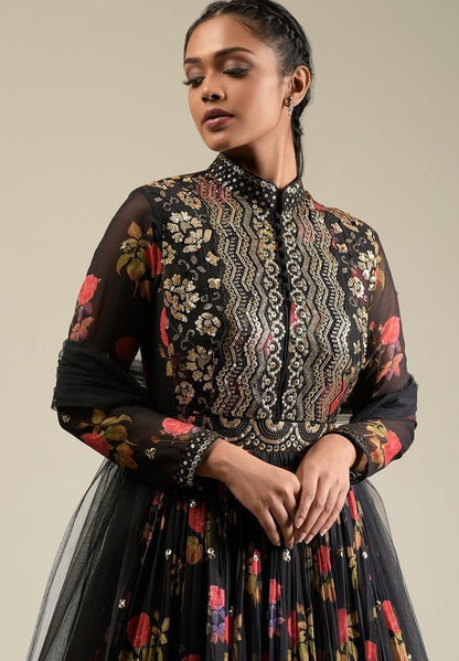 Black georgette flower printed sequence work gown