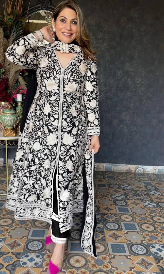 Black georgette heavy embroidered plazzo suit