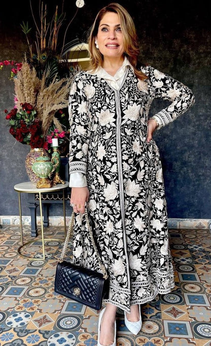 Black georgette heavy embroidered plazzo suit