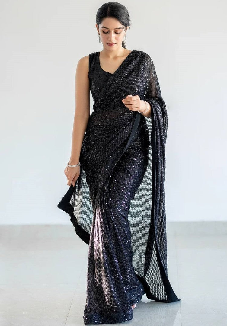 Black georgette heavy shiny sequence work party wear saree