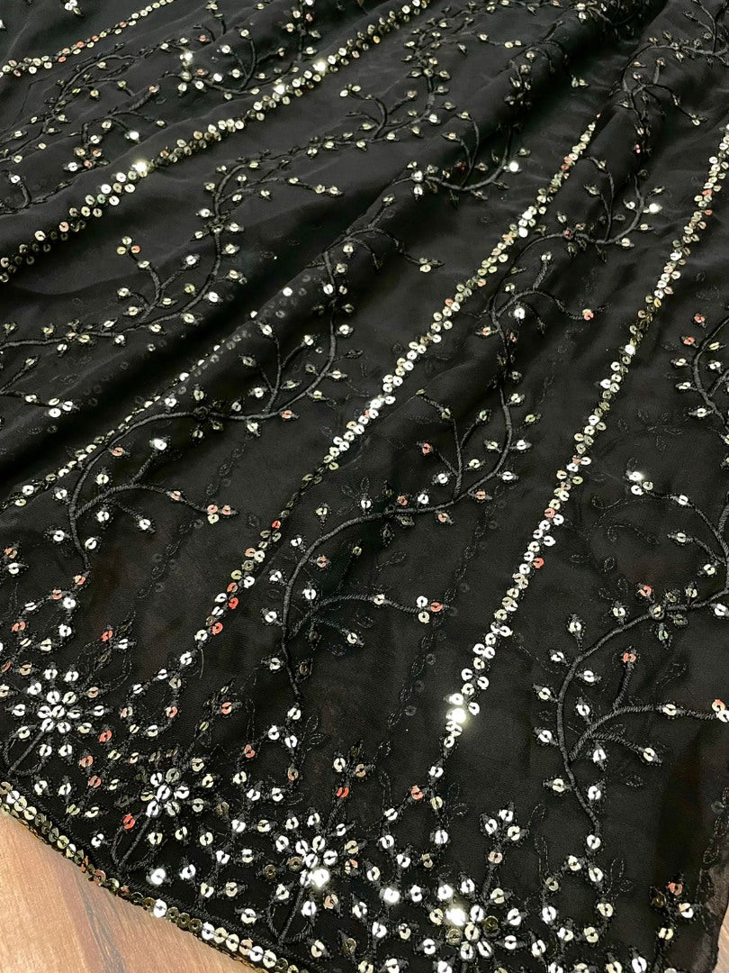 Black georgette heavy thread and sequence embroidered sharara suit