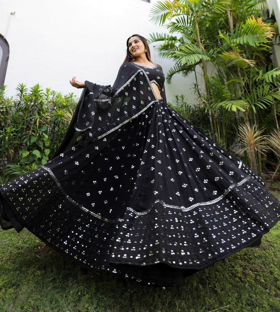 Black georgette heavy thread sequence work lehenga choli