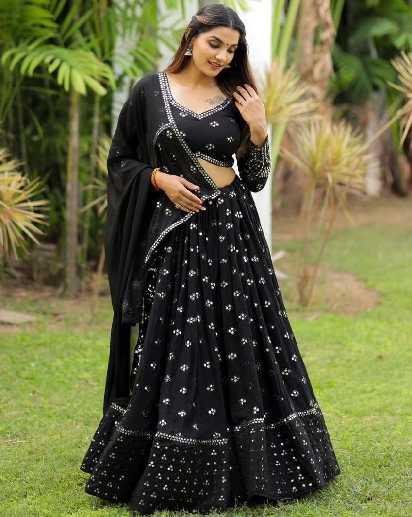 Black georgette heavy thread sequence work lehenga choli