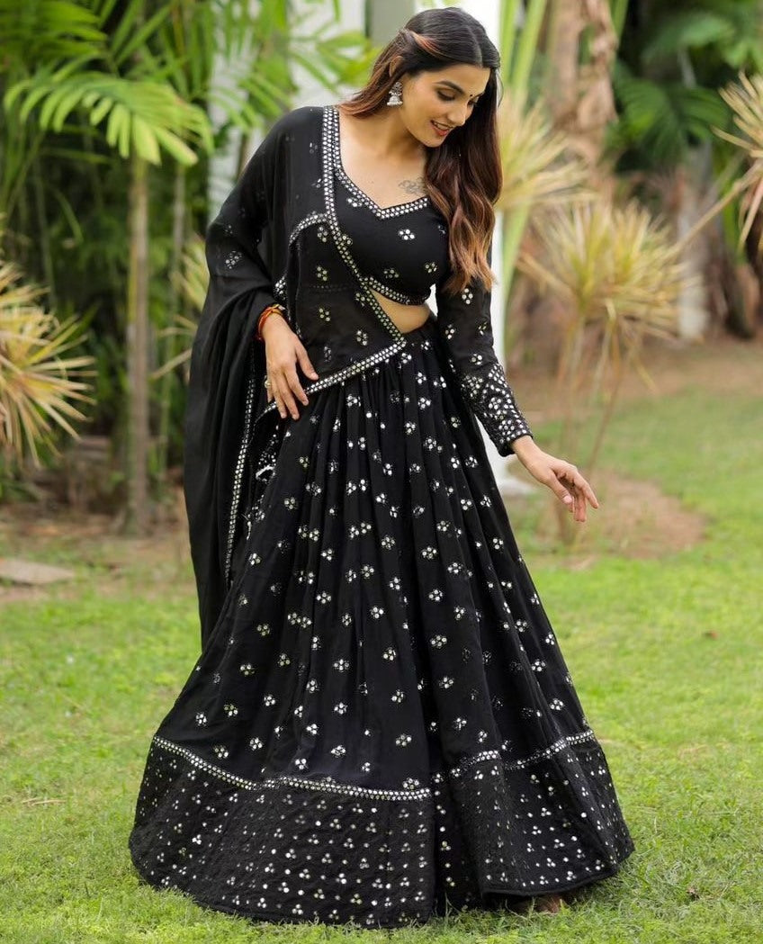 Black georgette heavy thread sequence work lehenga choli