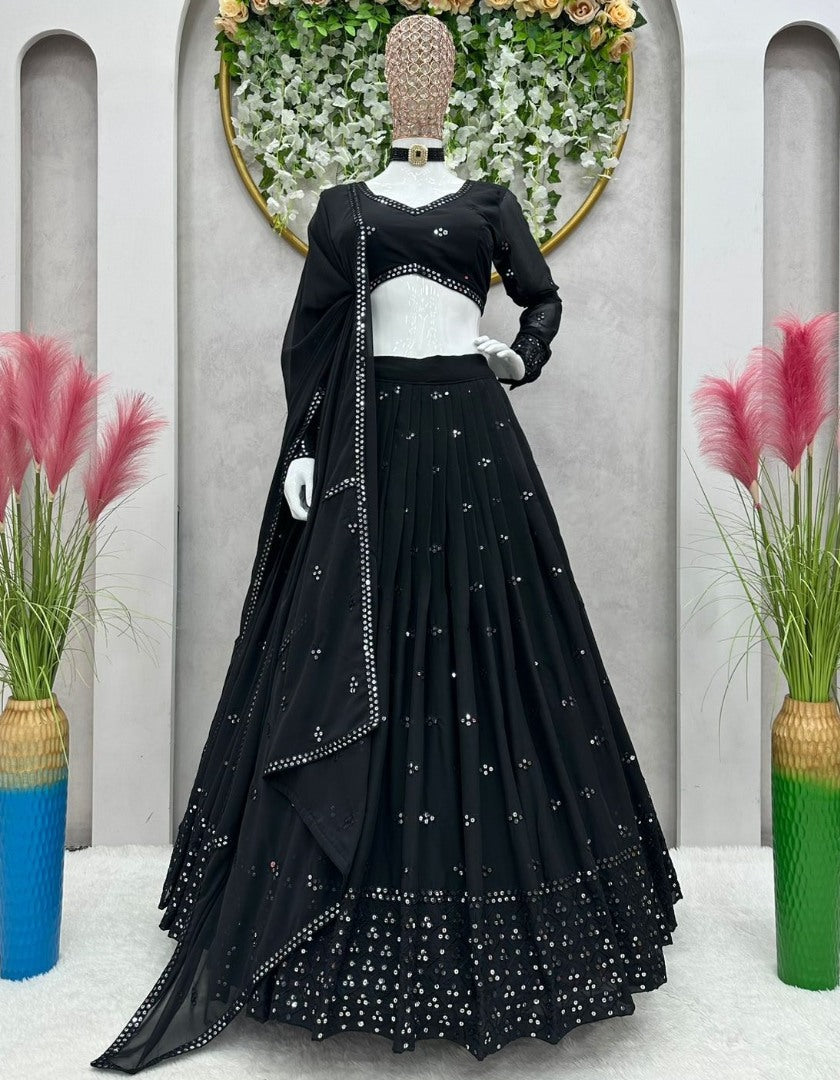 Black georgette heavy thread sequence work lehenga choli