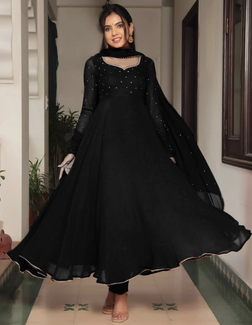 Black georgette plain heavy flair party wear gown
