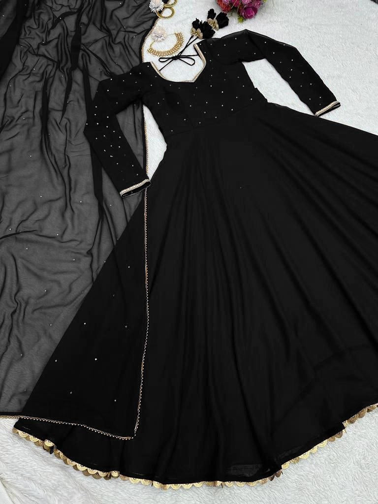 Black georgette plain heavy flair party wear gown