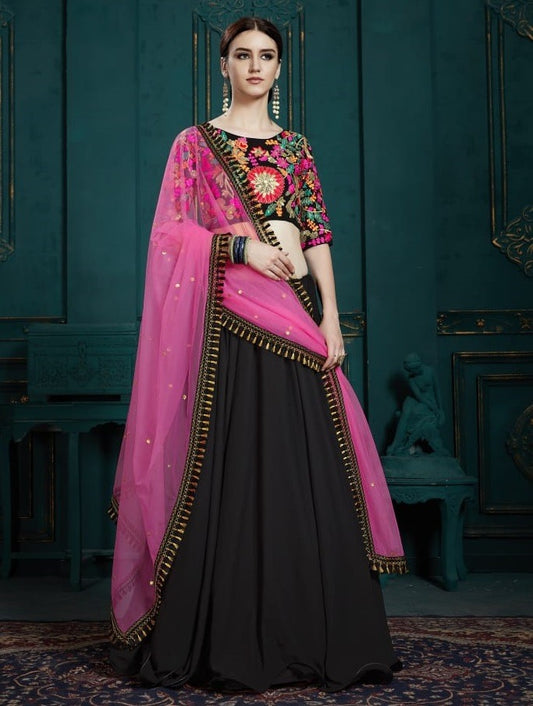 Black georgette ruffle lehenga with embroidered blouse