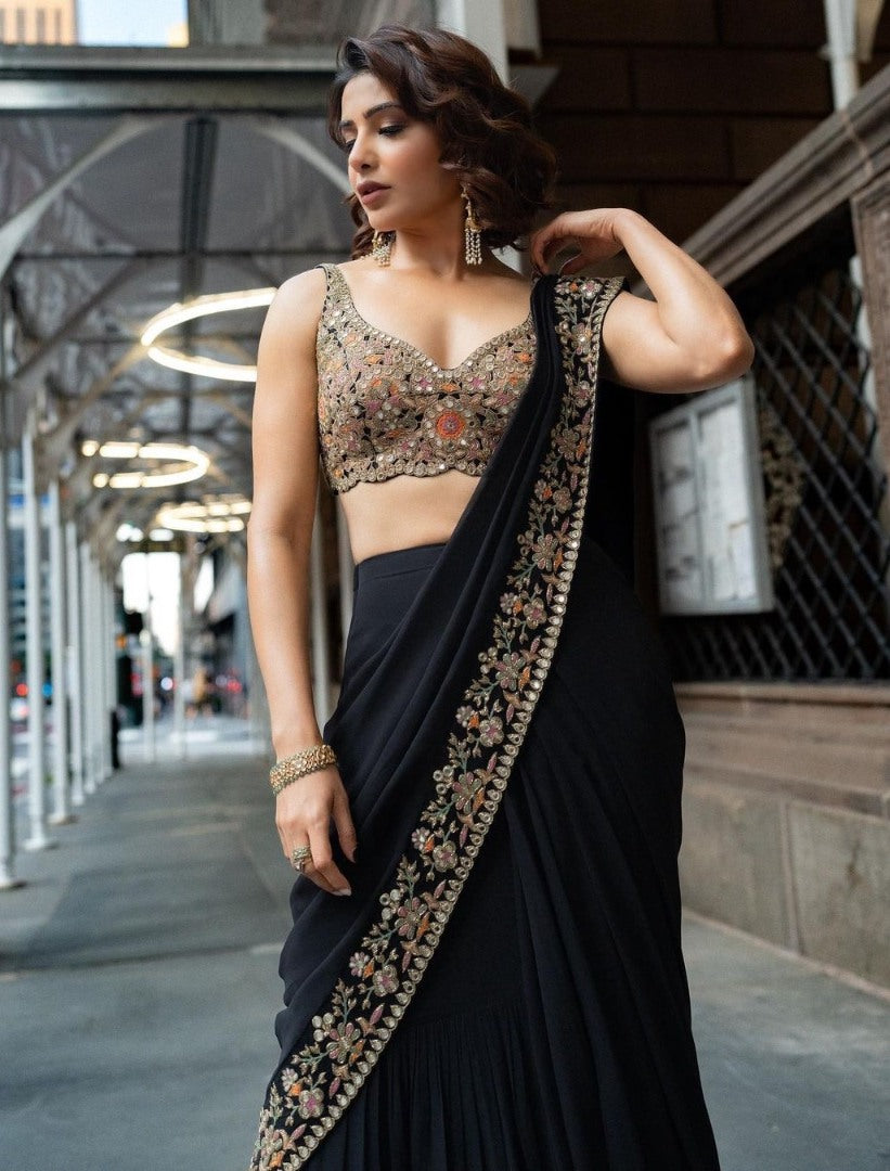 Black georgette samantha ruth prabhu bollywood designer ruffle saree