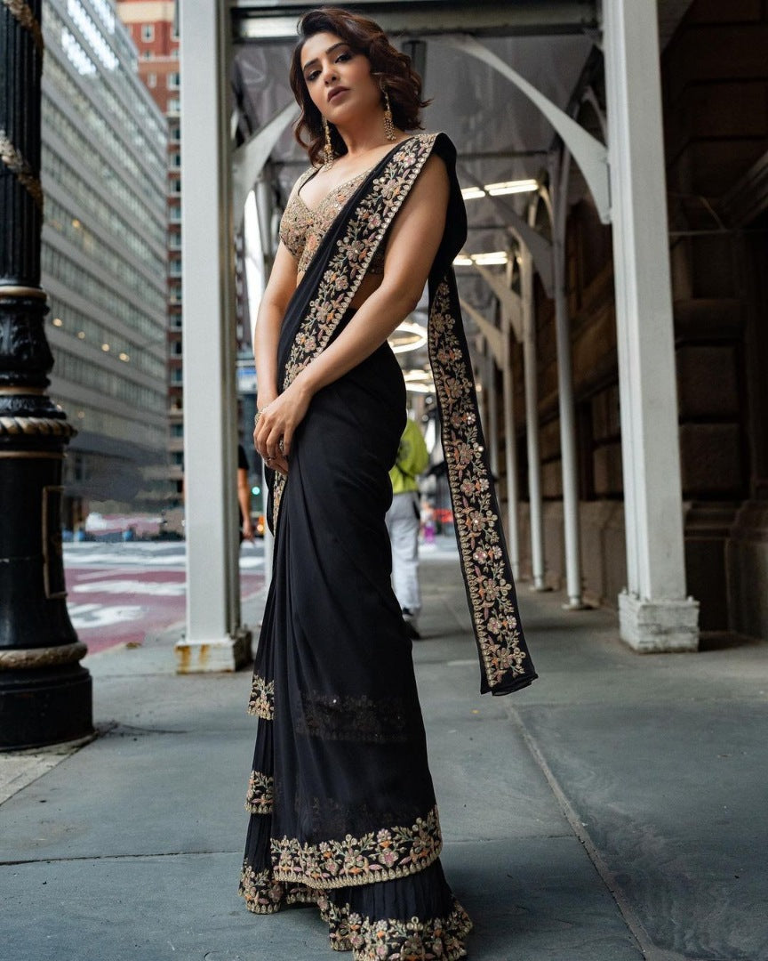 Black georgette samantha ruth prabhu bollywood designer ruffle saree