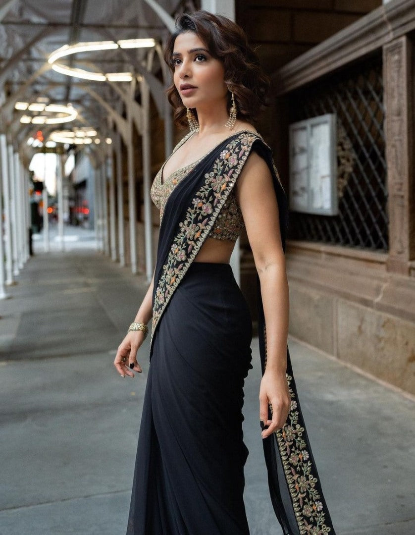 Black georgette samantha ruth prabhu bollywood designer ruffle saree