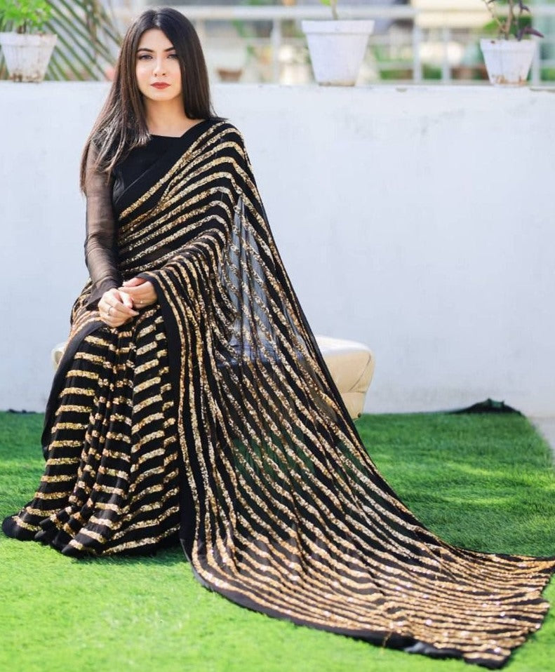 Black georgette sequence embroidered partywear saree