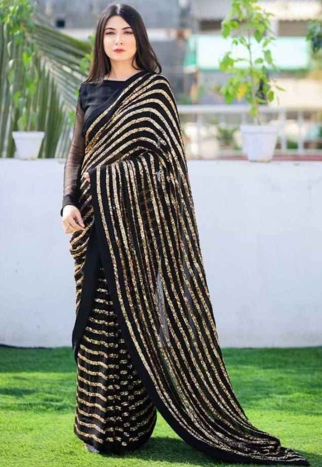 Black georgette sequence embroidered partywear saree