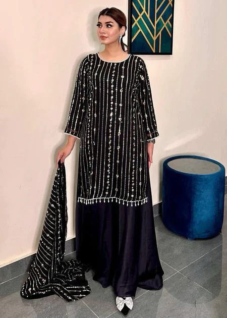 Black georgette sequence work palazzo suit