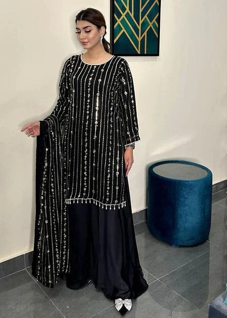 Black georgette sequence work palazzo suit