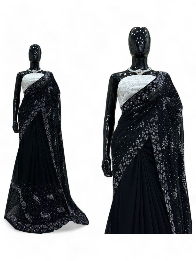 Black georgette shiny hot fix work party wear saree