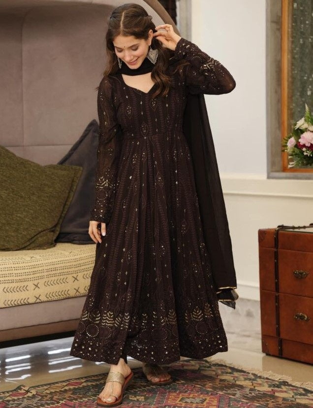 Black georgette thread and sequence work party wear anarkali suit