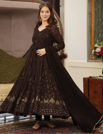 Black georgette thread and sequence work party wear anarkali suit