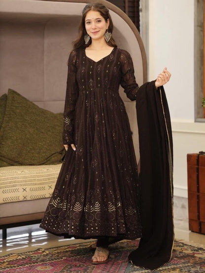 Black georgette thread and sequence work party wear anarkali suit