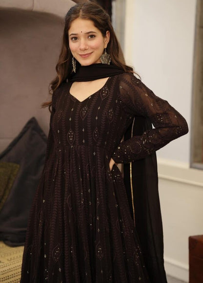 Black georgette thread and sequence work party wear anarkali suit