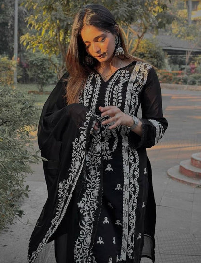 Black georgette thread work pant salwar suit