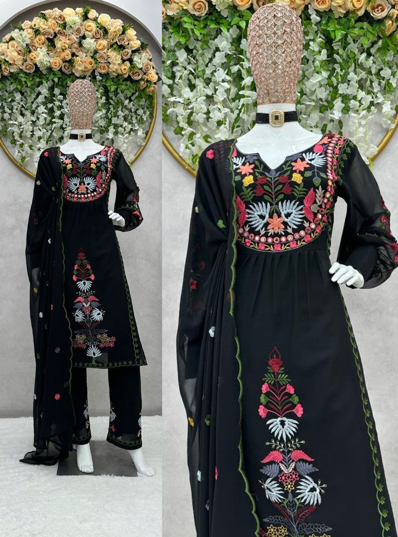 Black georgettte multi thread embroidery work designer palazzo suit