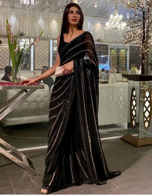 Black heavy embroidered sequence embroidery work party wear saree