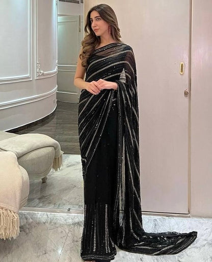 Black heavy embroidered sequence embroidery work party wear saree