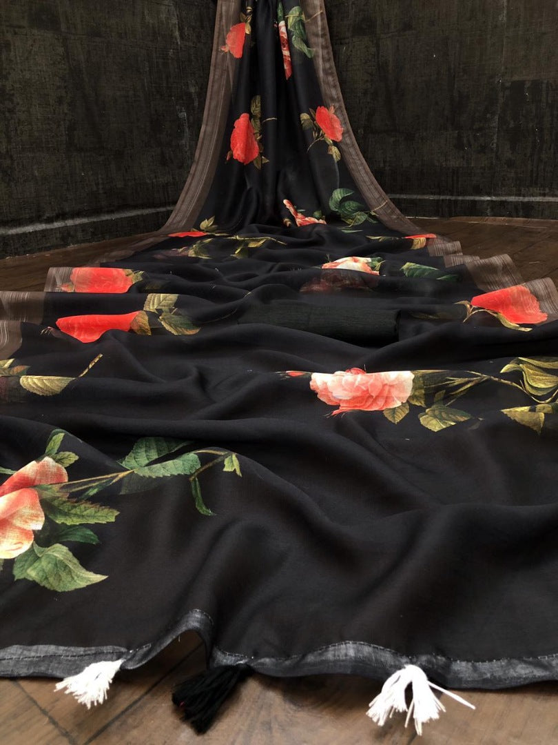 Black heavy linen silk digital flower printed work saree