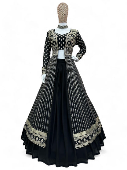 Black heavy work designer indowestern lehenga choli with shrug