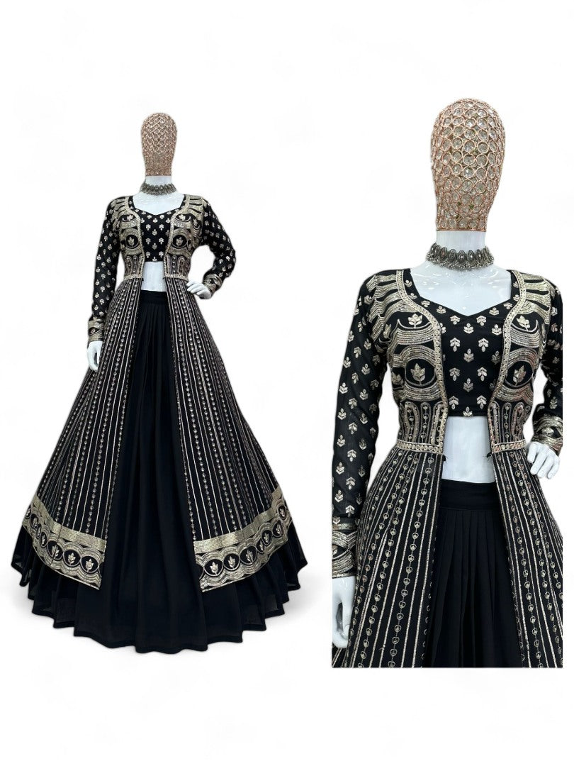 Black heavy work designer indowestern lehenga choli with shrug