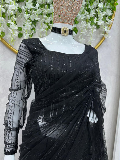 Black net designer party wear saree