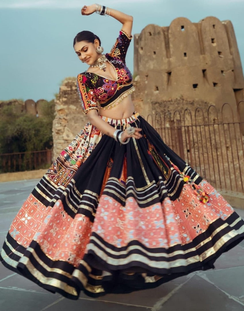 Orange and black Navratri Special Designer Lehenga Choli With Printed Butter Silk Material & pasted Mirror. Express shipping UK, offers US, Canada