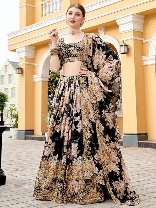 Black organza heavy embroidered sequence work wedding lehenga choli