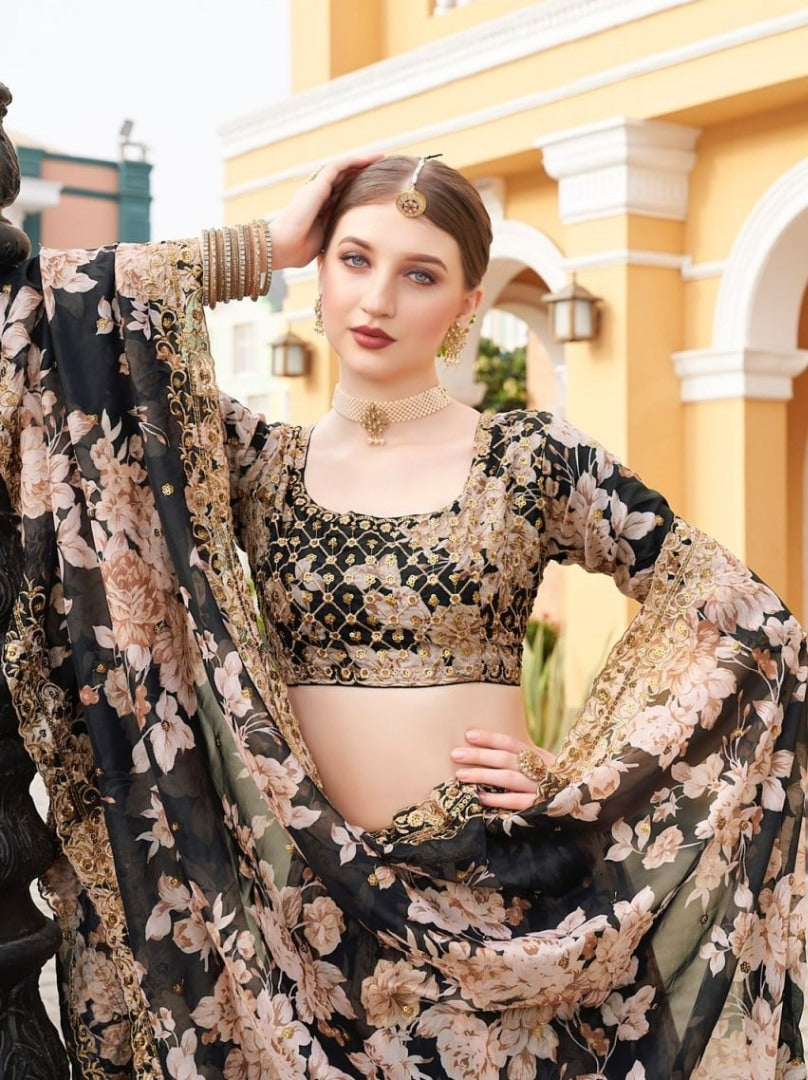 Black organza heavy embroidered sequence work wedding lehenga choli